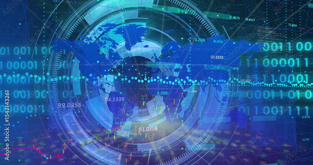 Poster rotating digital globe projecting data overlays in holographic ui, with scanning rings and markers
