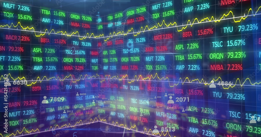 Poster displaying scrolling ticker symbols and percentage values on trading hub, with yellow-line charts