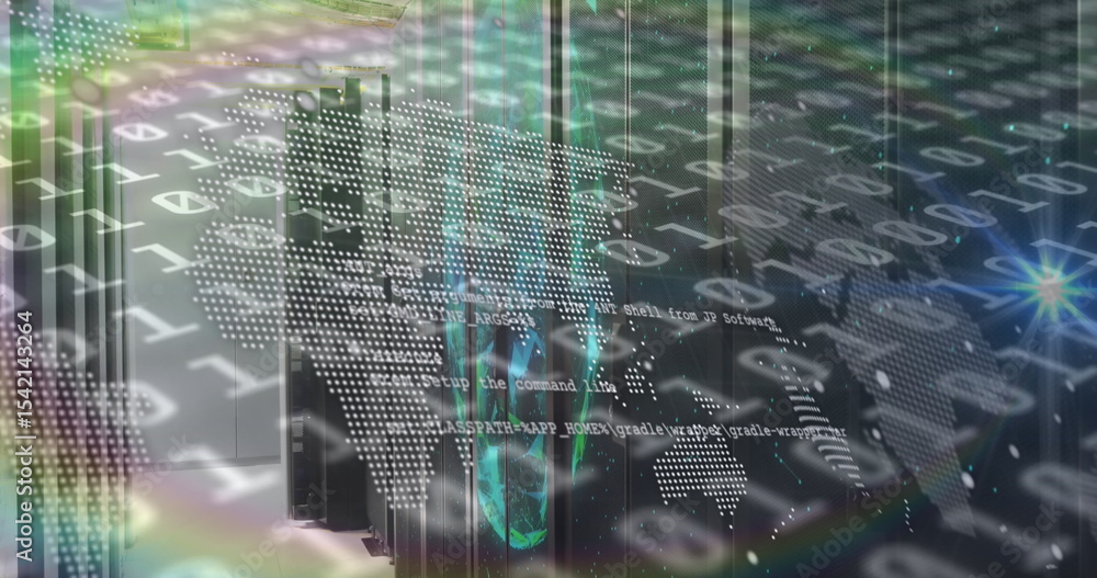 Poster humming server racks and ethernet cables in server room, displaying binary data streams, world map