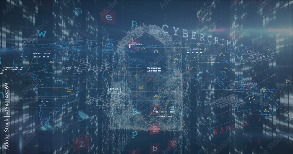 Poster floating padlock icon glowing over world map grid, highlighting hexagonal nodes and cybercrime text