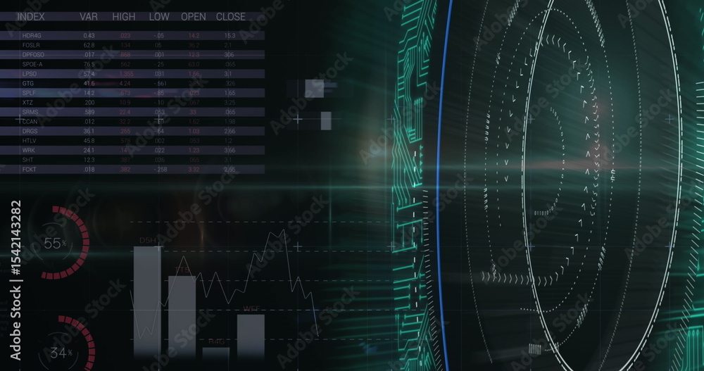 Poster displaying holographic grid rotating arcs in dashboard, with financial table, copy space