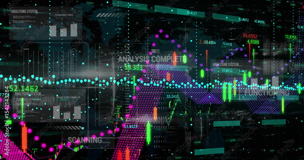 Poster displaying multicolored candlestick and dotted trend charts on trading dashboard, with world map