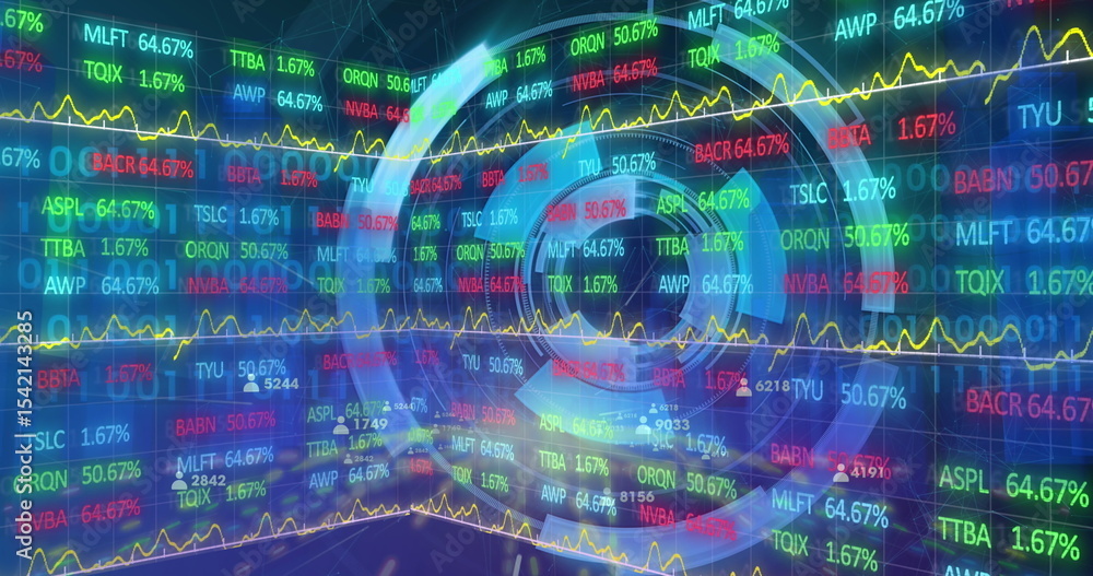 Poster ring chart at center animating in trading dashboard, with stock tickers and yellow line graphs