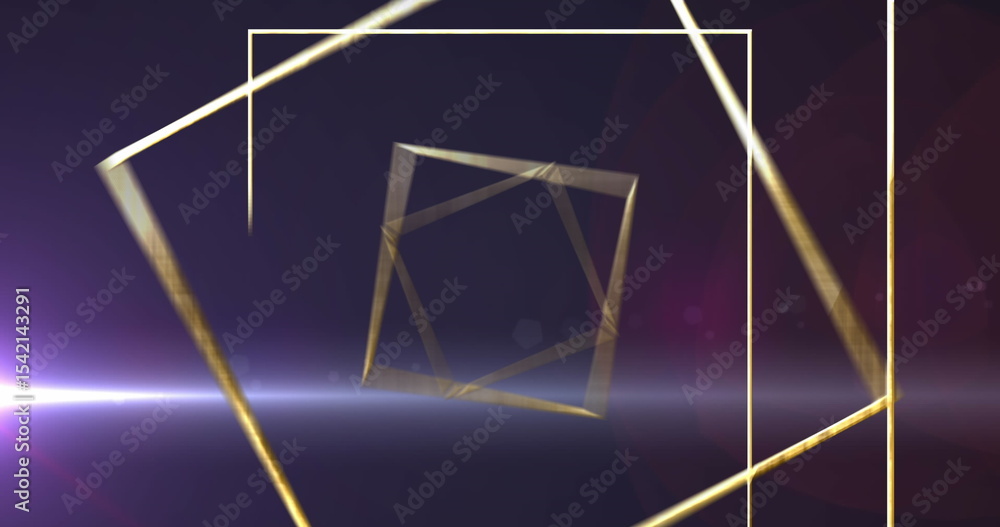 Poster showing golden cube rotating in gradient field with golden frames and lens flare effects