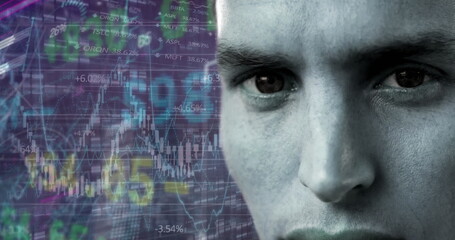 Displaying man examining candlestick chart overlay, scrolling tickers at trading desk, copy space