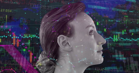 Gazing mid-adult woman blending into stock dashboard, candlestick charts and data nodes, copy space