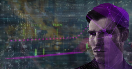 Projecting purple network financial data overlays on jacketed man against night skyline, copy space