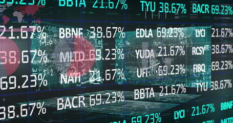 Floating data overlay revealing financial metrics at desk, with laptop coffee cup monitors board