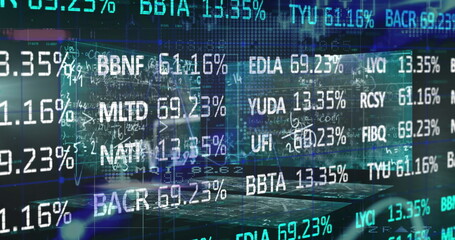 Floating stock tickers and percentages dancing over laptop screen in trading setup, teal grids