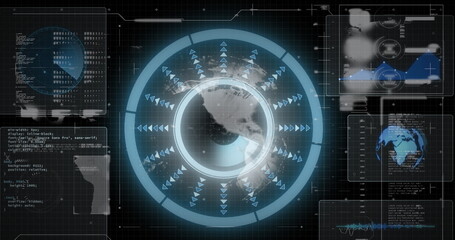Displaying central holographic globe rotating in console, with concentric rings arrows data panels