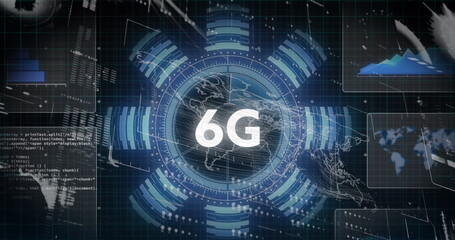 Showcasing stylized globe radiating data rings at digital dashboard, with 6G network visualization