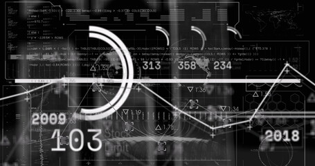 Displaying circular chart in HUD overlay, showing rising line graph, numeric labels and hex grid