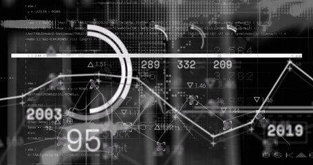 Displaying data overlay centered in corporate workspace, with circular chart and line graph