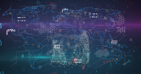 Displaying world map overlaying virtual grid with glowing nodes, circuit lines and numeric overlays