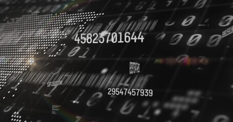 Floating numeric string drifting in data space with binary digits barcode bars and dot matrix globe