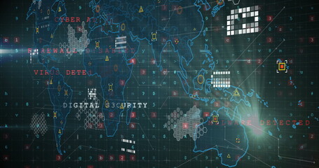 Displaying world map showing threat zones on virtual security interface, with warning icons
