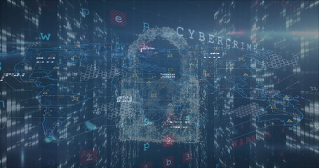 Floating padlock icon glowing over world map grid, highlighting hexagonal nodes and CYBERCRIME text