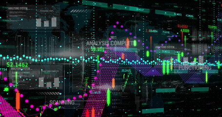 Displaying multicolored candlestick and dotted trend charts on trading dashboard, with world map