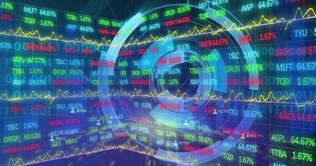 Ring chart at center animating in trading dashboard, with stock tickers and yellow line graphs