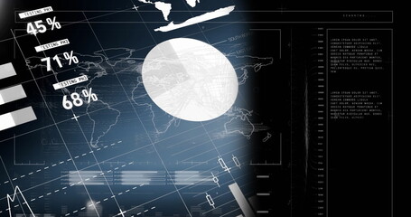 Highlighting white circular overlay focusing map region on analytics dashboard, with test bars