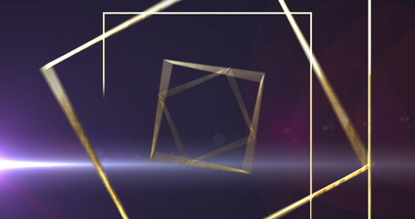 Showing golden cube rotating in gradient field with golden frames and lens flare effects