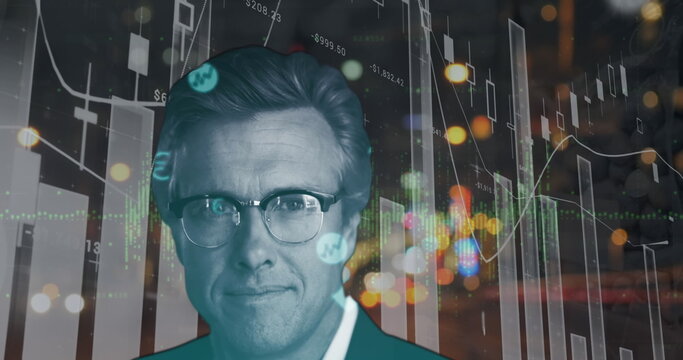 Man wearing suit jacket and glasses appearing in financial dashboard, with data charts and bokeh