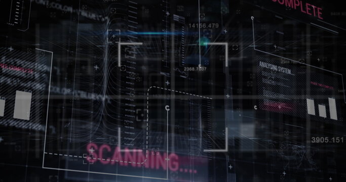 Showing scanning interface on screen with frames and charts and SCANNING ANALYSING SYSTEM COMPLETE