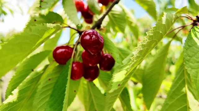 Close-up view of ripe red cherries hanging on a branch of a cherry tree.