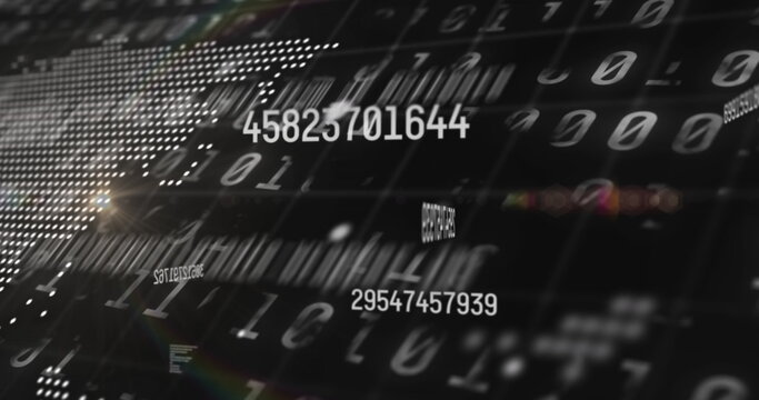 Floating numeric string drifting in data space with binary digits barcode bars and dot matrix globe - Powered by Adobe