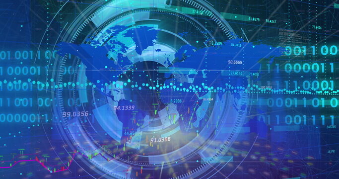 Rotating digital globe projecting data overlays in holographic UI, with scanning rings and markers - Powered by Adobe