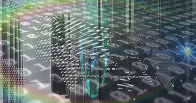 Humming server racks and Ethernet cables in server room, displaying binary data streams, world map