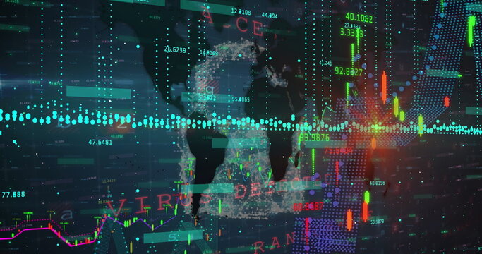 Presenting world map silhouette pulsing with vivid candlestick charts on grid, with financial data - Powered by Adobe