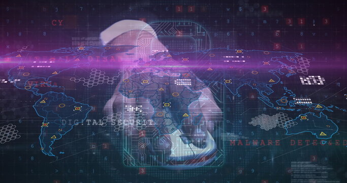 Monitoring hooded figure scanning world map in cyber interface, with fingerprint icon and warnings