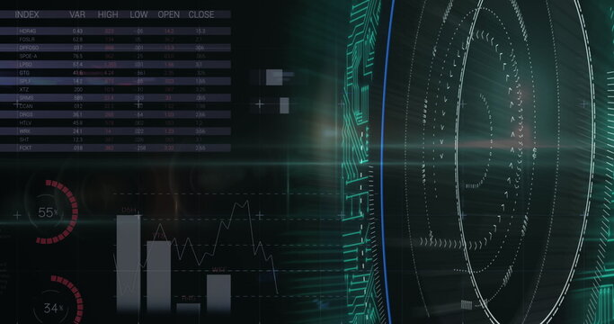 Displaying holographic grid rotating arcs in dashboard, with financial table, copy space