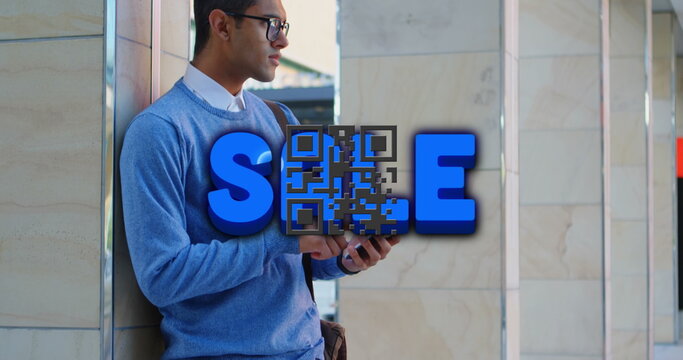 Leaning man using smartphone at metro station with shoulder bag, SE, QR code overlay, copy space