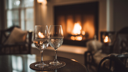 Two Elegant Wine Glasses Filled with Sparkling Water Set Beside a Cozy Fireplace