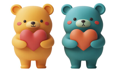 Naklejka premium Cute bear characters holding heart shapes showing love emotions isolated on transparent background.
