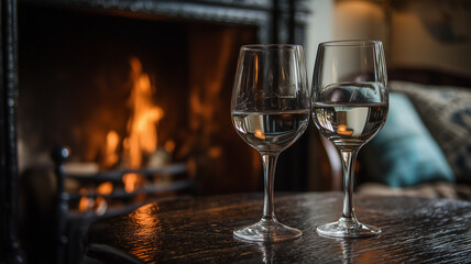Two Elegant Wine Glasses Filled with Sparkling Water Set Before a Cozy Fireplace