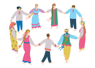 Round dance. Men and women in Slavic costumes dance a round dance. Cartoon flat illustration on white background.