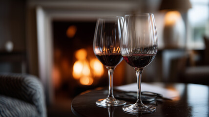 Two Elegant Wine Glasses Filled with Deep Red Wine Set Before a Cozy Fireplace