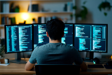 A person is working late on multiple monitors displaying code in a dimly lit room, focusing on software development or programming tasks.