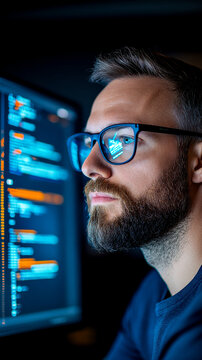 Man wearing glasses intently reviewing colorful programming code on a large computer screen in a dark room.