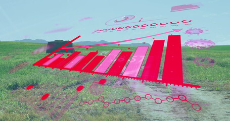 Digital AR data display appearing over rural grassland, showing red 3D bar chart and viral icons