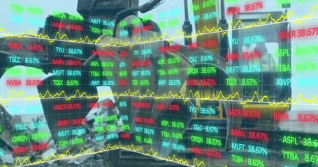 Inspecting two men wearing vests adjusting excavator controls at work site, with stock overlay