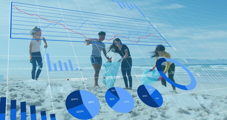 Gathering volunteers cleaning litter at beach shore, with plastic bag and financial graphs overlay