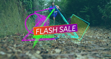 Running man wearing blue sportswear moving along park walkway, with neon FLASH SALE overlay