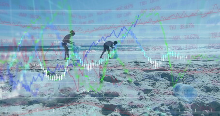 Volunteers picking up litter on sandy shoreline, with plastic bottle and stock data overlay