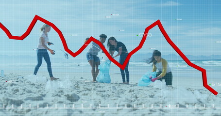 Four volunteers collecting litter with gloves on coastal beach, with blue bags, grid or graph overla