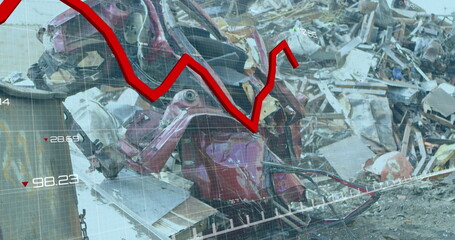 Mangled red car body resting in scrapyard, with grid overlay, red line graph data labels