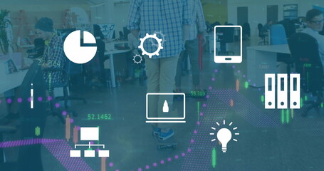 Skating man in checkered shirt on electric skateboard through open plan office with data icons © vectorfusionart